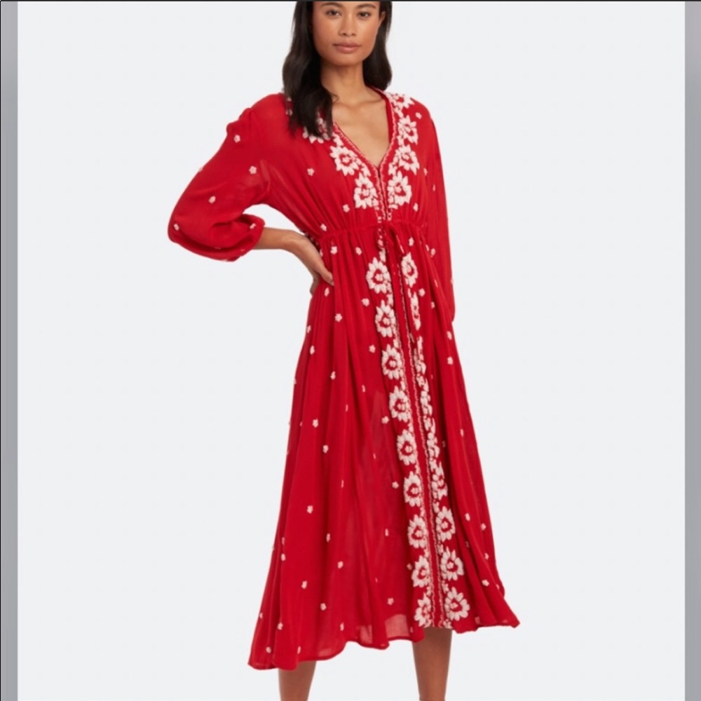 Free People Boho Embroidered V Neck Maxi Dress, Size XS